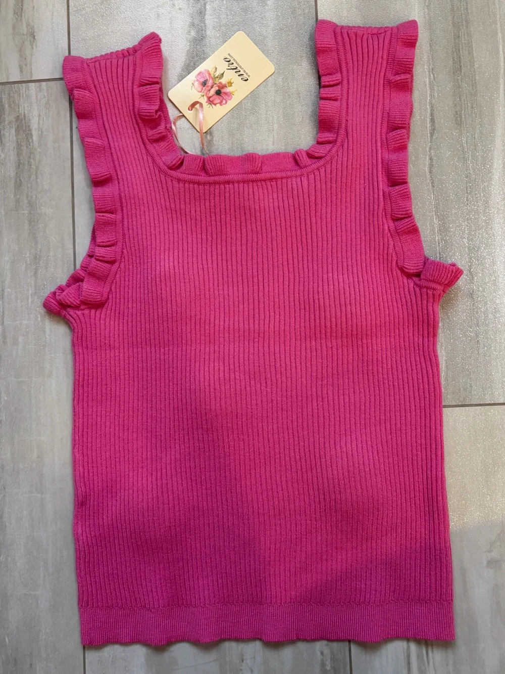 NWT Entro Hot Pink Sweater Knit Crochet Flower Ruffled Tank Top Women’s L